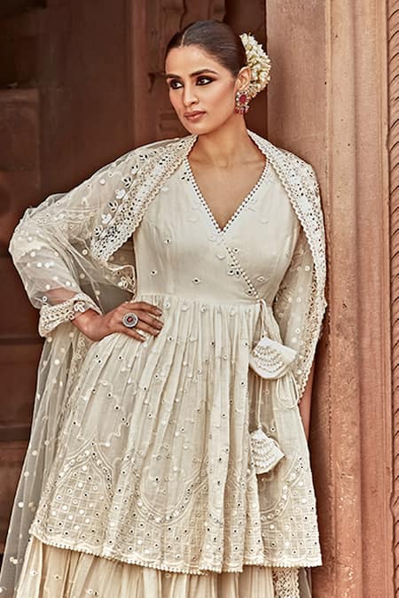 Preevin_Off White Cotton, Tulle, Net Mul Layered Angrakha Anarkali With Dupatta _Online_at_Aza_Fashions