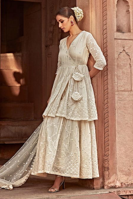 Shop_Preevin_Off White Cotton, Tulle, Net Mul Layered Angrakha Anarkali With Dupatta _Online_at_Aza_Fashions
