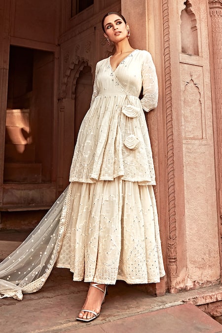 Preevin_Off White Cotton, Tulle, Net Mul Layered Angrakha Anarkali With Dupatta _at_Aza_Fashions