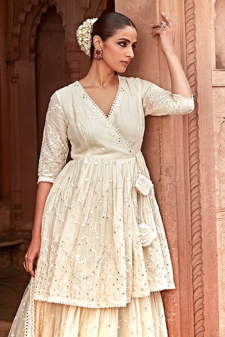 Buy_Preevin_Off White Cotton, Tulle, Net Mul Layered Angrakha Anarkali With Dupatta 