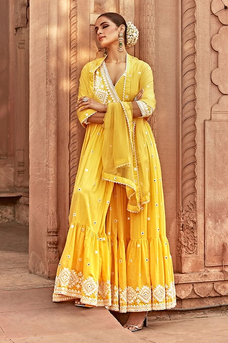 Preevin Yellow Cotton, Tulle, Net Embroidered Ruffle Hem Angrakha Anarkali With Dupatta Online at Aza Fashions Preevin_Yellow Cotton, Tulle, Net Embroidered Ruffle Hem Angrakha Anarkali With Dupatta _Online_at_Aza_Fashions