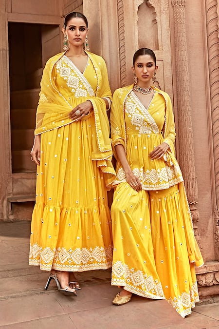 Shop Preevin Yellow Cotton, Tulle, Net Embroidered Ruffle Hem Angrakha Anarkali With Dupatta Online at Aza Fashions Shop_Preevin_Yellow Cotton, Tulle, Net Embroidered Ruffle Hem Angrakha Anarkali With Dupatta _Online_at_Aza_Fashions