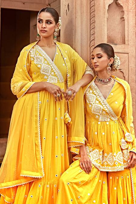 Preevin Yellow Cotton, Tulle, Net Embroidered Ruffle Hem Angrakha Anarkali With Dupatta at Aza Fashions Preevin_Yellow Cotton, Tulle, Net Embroidered Ruffle Hem Angrakha Anarkali With Dupatta _at_Aza_Fashions