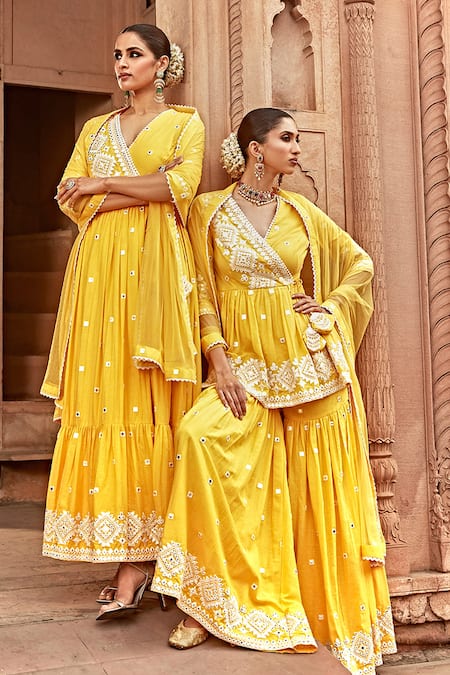 Buy Preevin Yellow Cotton, Tulle, Net Embroidered Ruffle Hem Angrakha Anarkali With Dupatta Buy_Preevin_Yellow Cotton, Tulle, Net Embroidered Ruffle Hem Angrakha Anarkali With Dupatta