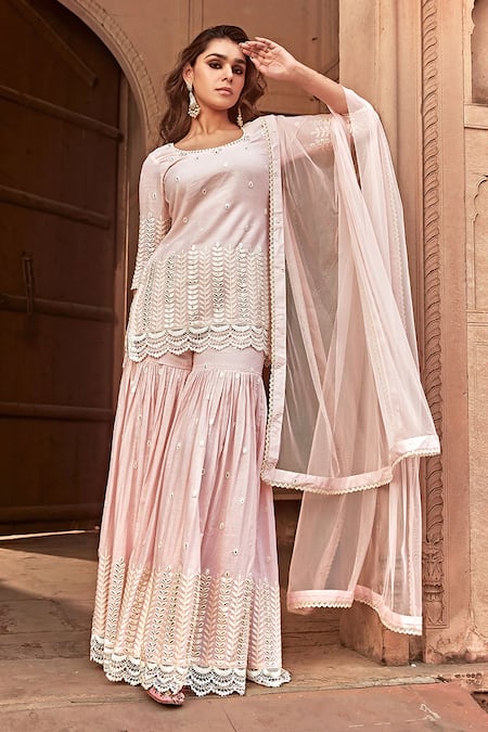 Preevin Pink Cotton, Tulle, Net Embroidery, Lace, Mirrors Round Neck Straight Kurta Set Online at Aza Fashions Preevin_Pink Cotton, Tulle, Net Embroidery, Lace, Mirrors Round Neck Straight Kurta Set _Online_at_Aza_Fashions