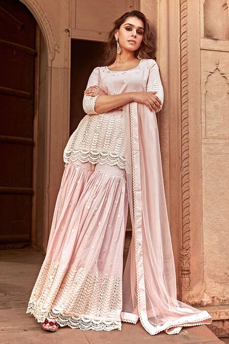 Shop Preevin Pink Cotton, Tulle, Net Embroidery, Lace, Mirrors Round Neck Straight Kurta Set Online at Aza Fashions Shop_Preevin_Pink Cotton, Tulle, Net Embroidery, Lace, Mirrors Round Neck Straight Kurta Set _Online_at_Aza_Fashions