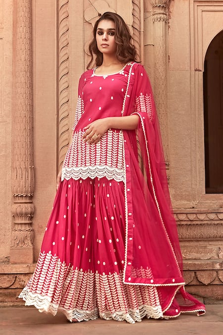Preevin_Red Cotton, Net Embroidery, Lace, Mirrors Round Neck Thread Kurta Sharara Set_Online_at_Aza_Fashions