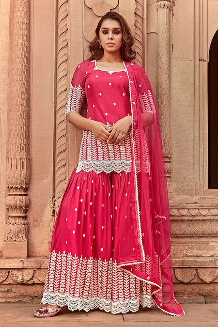 Buy_Preevin_Red Cotton, Net Embroidery, Lace, Mirrors Round Neck Thread Kurta Sharara Set_Online_at_Aza_Fashions