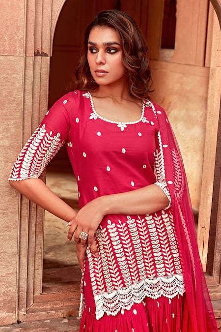 Shop_Preevin_Red Cotton, Net Embroidery, Lace, Mirrors Round Neck Thread Kurta Sharara Set_Online_at_Aza_Fashions