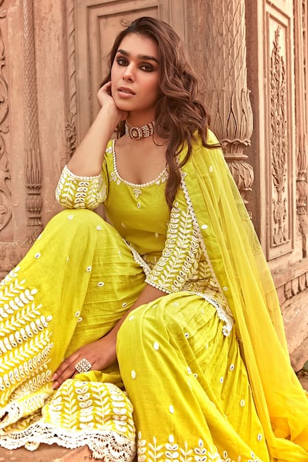 Shop Preevin Green Cotton, Tulle, Net Embroidery, Lace Round Neck Straight Kurta Set Online at Aza Fashions Shop_Preevin_Green Cotton, Tulle, Net Embroidery, Lace Round Neck Straight Kurta Set _Online_at_Aza_Fashions