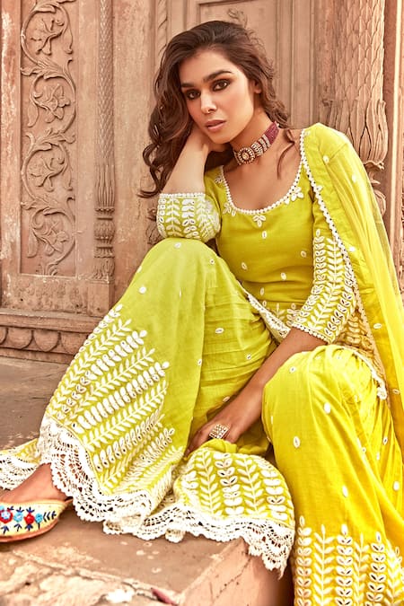 Preevin Green Cotton, Tulle, Net Embroidery, Lace Round Neck Straight Kurta Set at Aza Fashions Preevin_Green Cotton, Tulle, Net Embroidery, Lace Round Neck Straight Kurta Set _at_Aza_Fashions