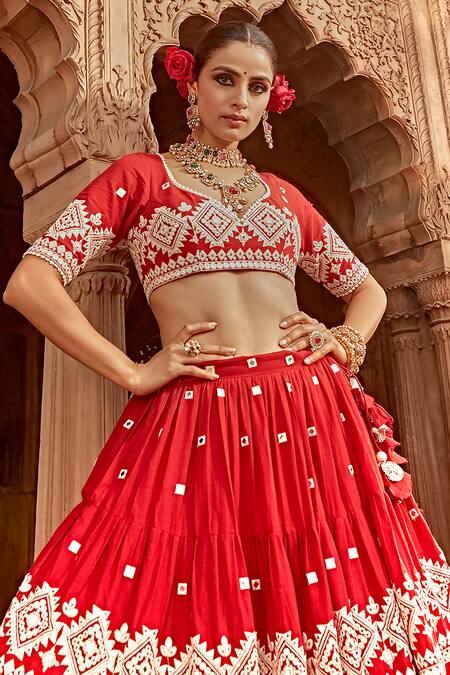 Shop_Preevin_Red Cotton, Tulle, Net Mirrors, Embroidery Mirrorwork Tiered Lehenga Set _Online_at_Aza_Fashions