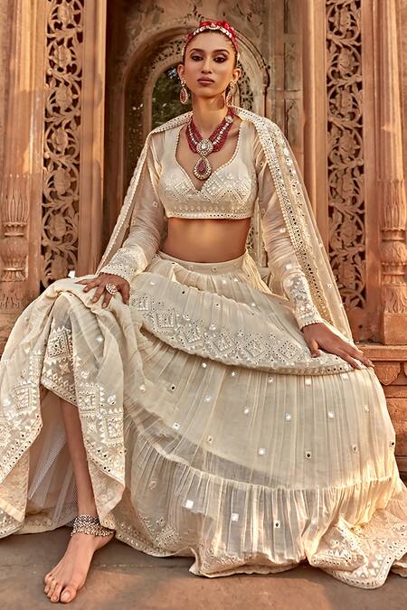 Preevin Off White Cotton, Net, Tulle Mirrors Diamond Pattern Embellished Lehenga Set Online at Aza Fashions Preevin_Off White Cotton, Net, Tulle Mirrors Diamond Pattern Embellished Lehenga Set_Online_at_Aza_Fashions