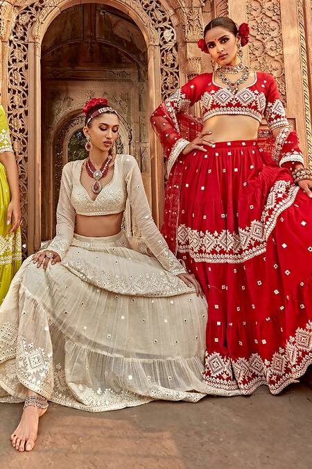Preevin_Red Cotton, Tulle, Net Mirrors, Embroidery Mirrorwork Tiered Lehenga Set _at_Aza_Fashions