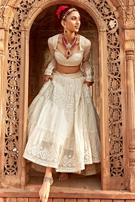 Shop Preevin Off White Cotton, Net, Tulle Mirrors Diamond Pattern Embellished Lehenga Set Online at Aza Fashions Shop_Preevin_Off White Cotton, Net, Tulle Mirrors Diamond Pattern Embellished Lehenga Set_Online_at_Aza_Fashions