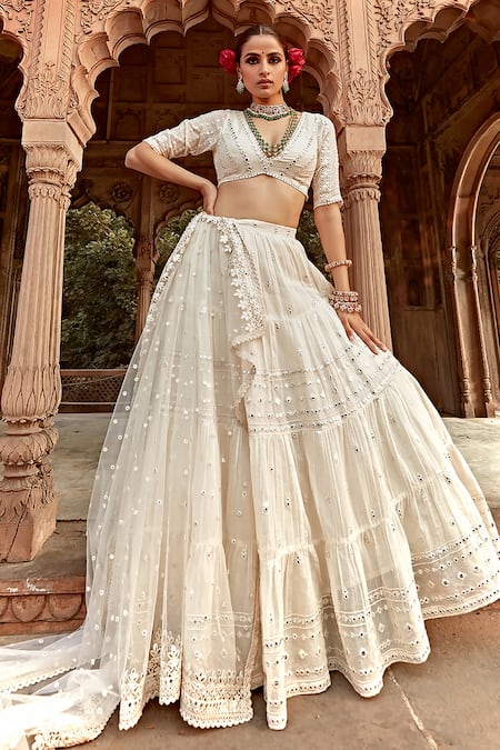 Buy_Preevin_Off White Cotton, Tulle, Net Mirrors Plunge Neck Embellished Lehenga Set _Online_at_Aza_Fashions