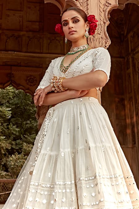 Shop_Preevin_Off White Cotton, Tulle, Net Mirrors Plunge Neck Embellished Lehenga Set _Online_at_Aza_Fashions