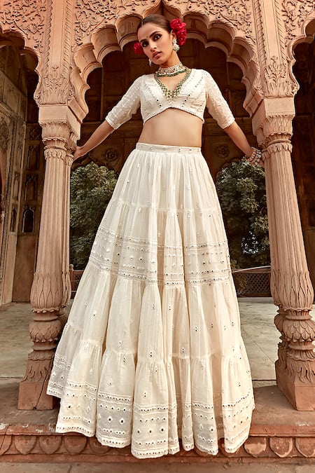Preevin_Off White Cotton, Tulle, Net Mirrors Plunge Neck Embellished Lehenga Set _at_Aza_Fashions