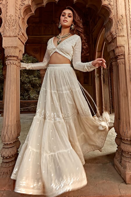 Shop_Preevin_Off White Cotton, Net Mirrors Plunge Geometrical Embroidered Pattern Lehenga Set _Online_at_Aza_Fashions