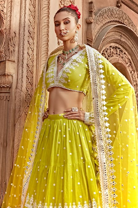 Buy_Preevin_Green Cotton, Tulle, Net Mirrors, Lehenga Set With Sheer Embellished Dupatta 