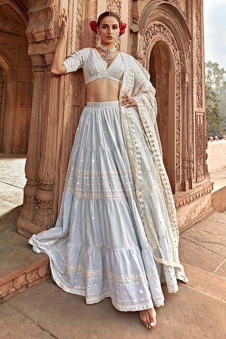 Buy_Preevin_Sky Blue Cotton, Tulle, Net Mirrors, Mirrorwork Embellished Tiered Lehenga Set _Online_at_Aza_Fashions