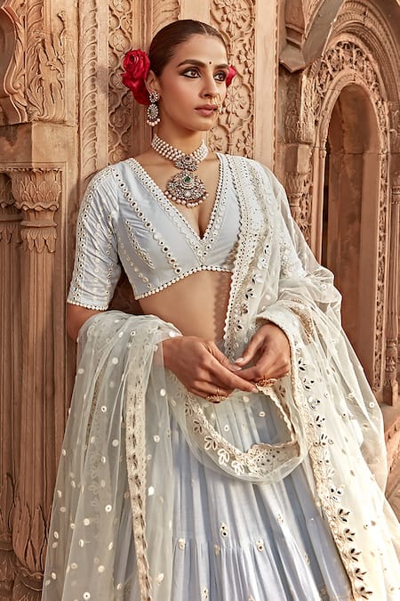 Shop_Preevin_Sky Blue Cotton, Tulle, Net Mirrors, Mirrorwork Embellished Tiered Lehenga Set _Online_at_Aza_Fashions