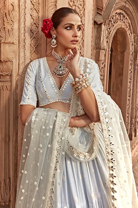 Preevin_Sky Blue Cotton, Tulle, Net Mirrors, Mirrorwork Embellished Tiered Lehenga Set _at_Aza_Fashions