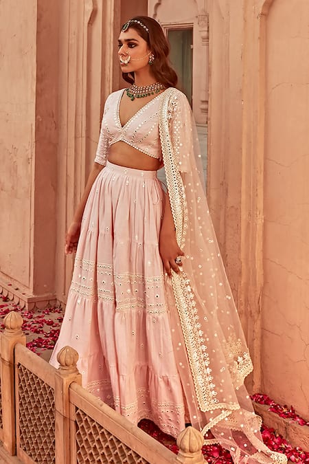 Preevin_Pink Cotton, Net, Tulle Mirrors, Tiered Mirrorwork Embellished Lehenga Set _Online_at_Aza_Fashions
