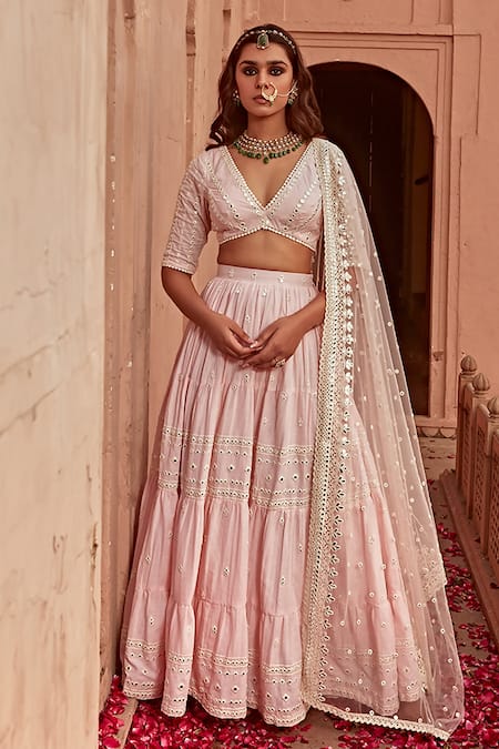 Buy_Preevin_Pink Cotton, Net, Tulle Mirrors, Tiered Mirrorwork Embellished Lehenga Set _Online_at_Aza_Fashions