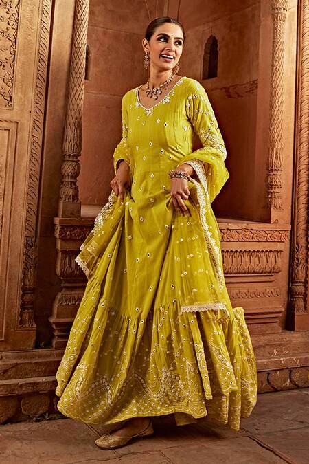 Preevin_Green Cotton, Tulle, Net Embroidery Scoop Barfi Layered Anarkali With Dupatta _Online_at_Aza_Fashions