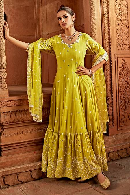 Buy_Preevin_Green Cotton, Tulle, Net Embroidery Scoop Barfi Layered Anarkali With Dupatta _Online_at_Aza_Fashions