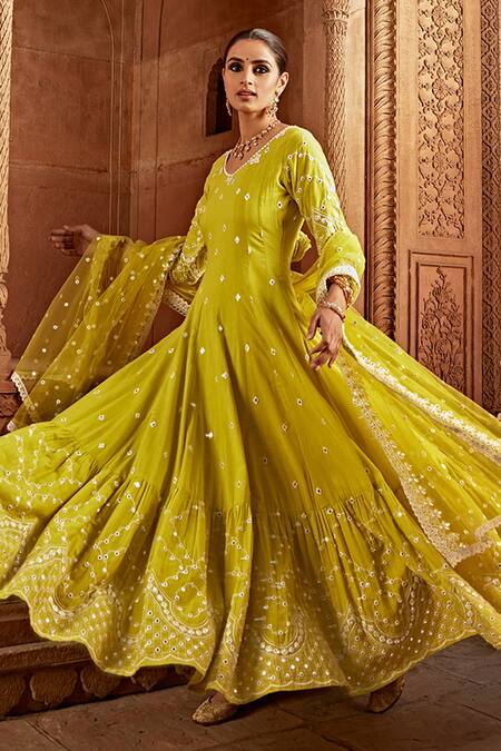 Shop_Preevin_Green Cotton, Tulle, Net Embroidery Scoop Barfi Layered Anarkali With Dupatta _Online_at_Aza_Fashions