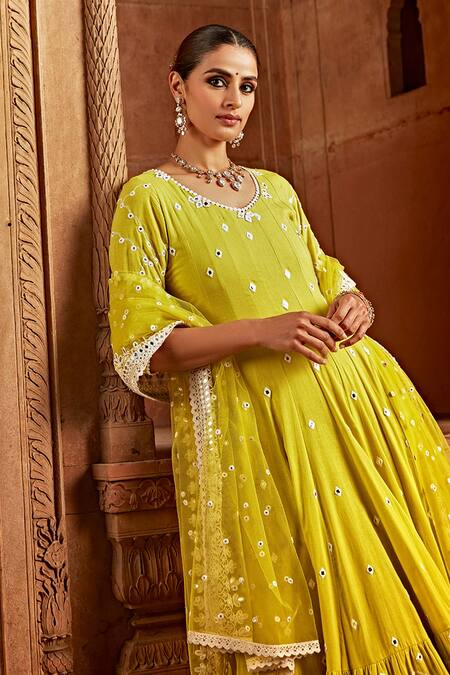Preevin_Green Cotton, Tulle, Net Embroidery Scoop Barfi Layered Anarkali With Dupatta _at_Aza_Fashions