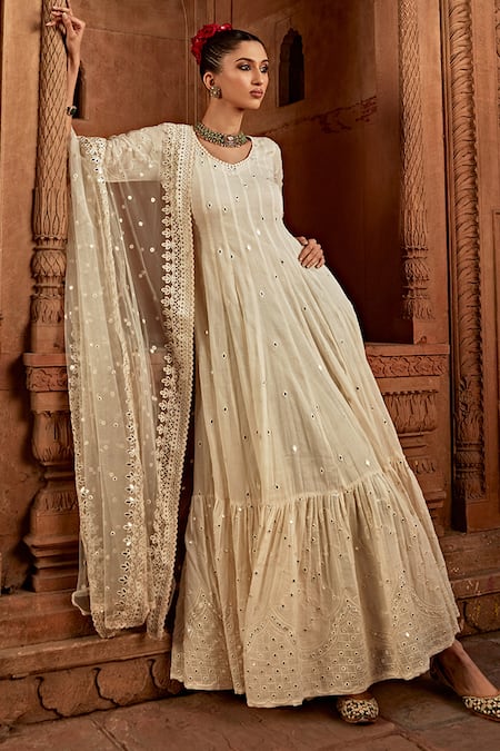 Preevin_Off White Cotton, Tulle, Net Embroidery, Mirrors Work Anarkali With Dupatta _Online_at_Aza_Fashions