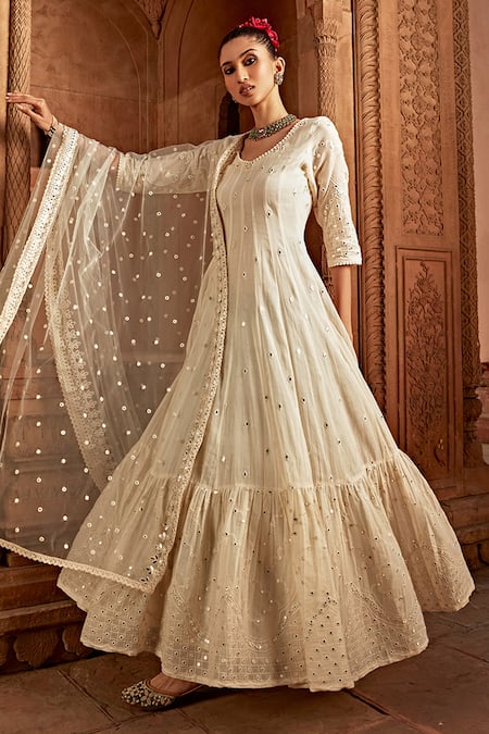 Buy_Preevin_Off White Cotton, Tulle, Net Embroidery, Mirrors Work Anarkali With Dupatta _Online_at_Aza_Fashions