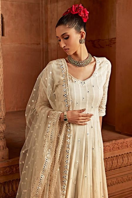 Shop_Preevin_Off White Cotton, Tulle, Net Embroidery, Mirrors Work Anarkali With Dupatta _Online_at_Aza_Fashions