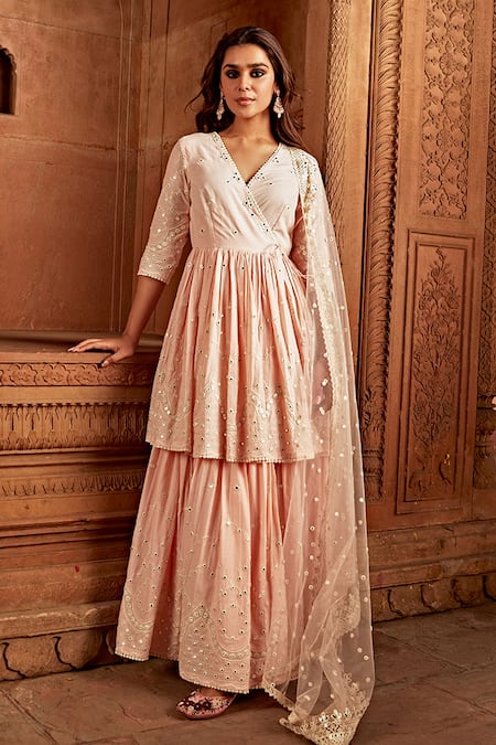 Preevin Pink Cotton, Tulle, Net Embroidery, Layered Angrakha Anarkali With Dupatta Online at Aza Fashions Preevin_Pink Cotton, Tulle, Net Embroidery, Layered Angrakha Anarkali With Dupatta_Online_at_Aza_Fashions