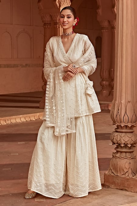 Buy Preevin Off White Cotton, Net Embroidery, Mirrors V-neck And Thread Sharara Set Online at Aza Fashions Buy_Preevin_Off White Cotton, Net Embroidery, Mirrors V-neck And Thread Sharara Set _Online_at_Aza_Fashions