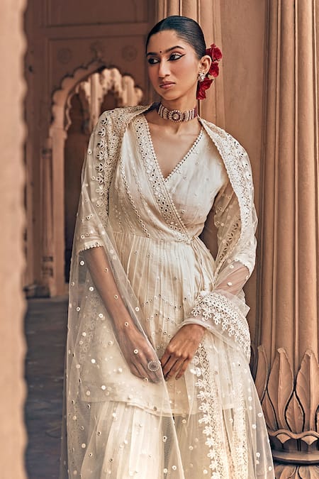 Shop Preevin Off White Cotton, Net Embroidery, Mirrors V-neck And Thread Sharara Set Online at Aza Fashions Shop_Preevin_Off White Cotton, Net Embroidery, Mirrors V-neck And Thread Sharara Set _Online_at_Aza_Fashions