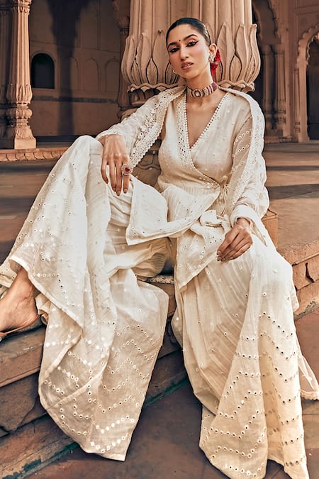 Preevin Off White Cotton, Net Embroidery, Mirrors V-neck And Thread Sharara Set at Aza Fashions Preevin_Off White Cotton, Net Embroidery, Mirrors V-neck And Thread Sharara Set _at_Aza_Fashions