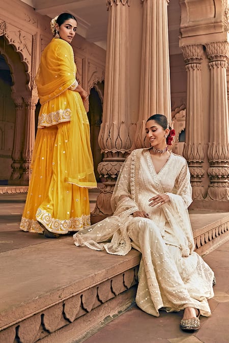 Buy Preevin Off White Cotton, Net Embroidery, Mirrors V-neck And Thread Sharara Set Buy_Preevin_Off White Cotton, Net Embroidery, Mirrors V-neck And Thread Sharara Set