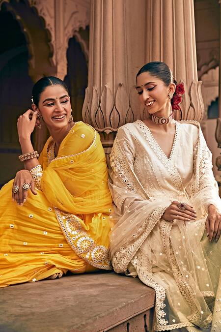 Shop Preevin Off White Cotton, Net Embroidery, Mirrors V-neck And Thread Sharara Set Shop_Preevin_Off White Cotton, Net Embroidery, Mirrors V-neck And Thread Sharara Set