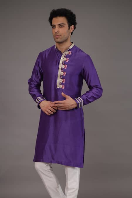 Para_Purple Chanderi Silk Hand Embroidered Floral Kurta And Pant Set_Online_at_Aza_Fashions