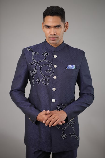 Para_Blue Jacquard, Suede Embroidery Bandhgala Set_Online_at_Aza_Fashions