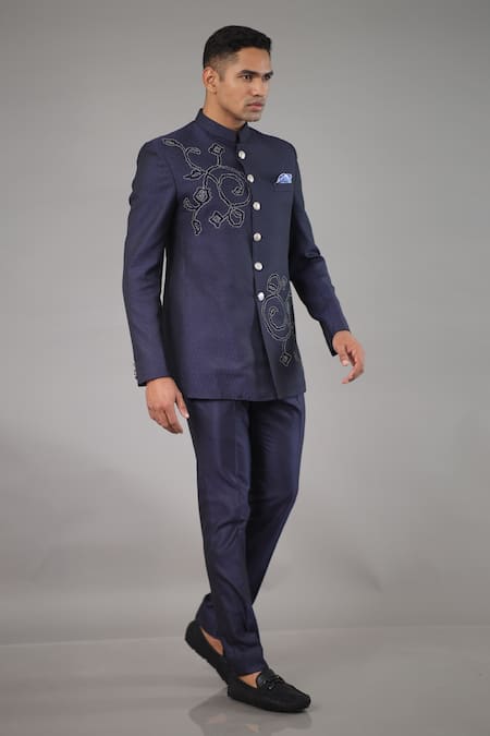 Buy_Para_Blue Jacquard, Suede Embroidery Bandhgala Set_Online_at_Aza_Fashions