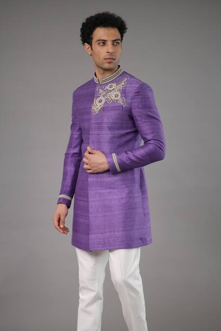 Para_Purple Silk, Cotton, Polyester Thread Embroidered Short Sherwani Set_Online_at_Aza_Fashions