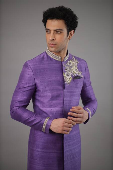 Buy_Para_Purple Silk, Cotton, Polyester Thread Embroidered Short Sherwani Set_Online_at_Aza_Fashions