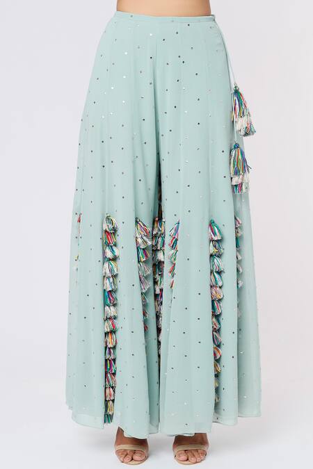 Payal Singhal Blue Georgette Tassels Round Neck Geometric Embroidered Choli And Sharara Set Online at Aza Fashions Payal Singhal_Blue Georgette Tassels Round Neck Geometric Embroidered Choli And Sharara Set _Online_at_Aza_Fashions