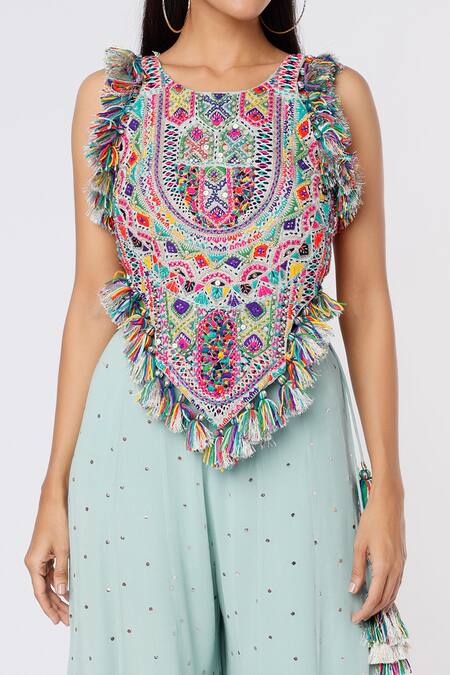 Buy Payal Singhal Blue Georgette Tassels Round Neck Geometric Embroidered Choli And Sharara Set Online at Aza Fashions Buy_Payal Singhal_Blue Georgette Tassels Round Neck Geometric Embroidered Choli And Sharara Set _Online_at_Aza_Fashions