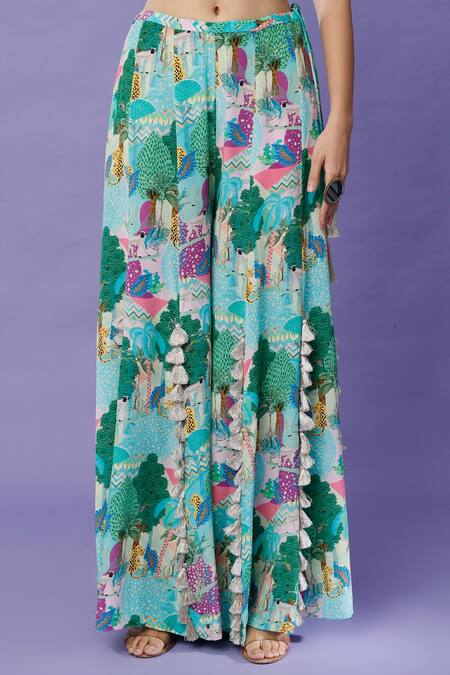 Buy Payal Singhal Blue Crepe Tassels Round Neck Kuno Print Choli And Sharara Set Online at Aza Fashions Buy_Payal Singhal_Blue Crepe Tassels Round Neck Kuno Print Choli And Sharara Set _Online_at_Aza_Fashions